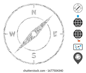 Line Mosaic based on compass icon. Mosaic vector compass is created with randomized line spots. Bonus icons are added.