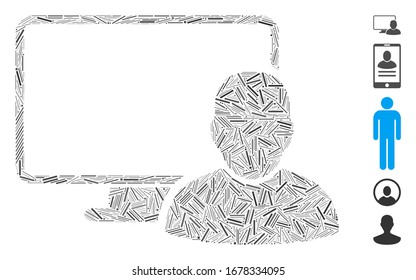 Line Mosaic based on computer user icon. Mosaic vector computer user is composed with random line dots. Bonus icons are added.