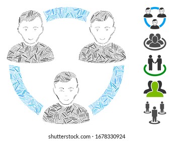 Line Mosaic based on connected social members icon. Mosaic vector connected social members is formed with scattered dash elements. Bonus icons are added.