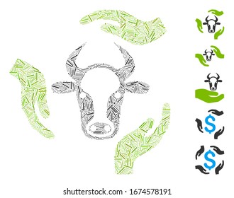 Line Mosaic based on cow care hands icon. Mosaic vector cow care hands is composed with scattered line dots. Bonus icons are added.