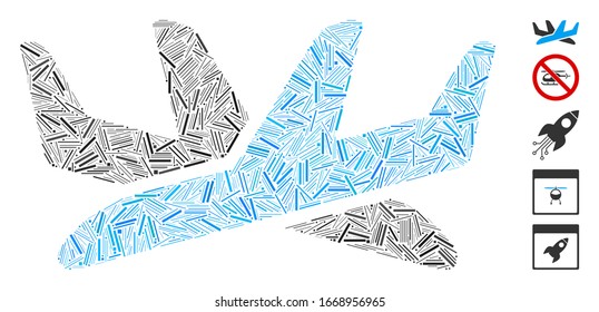 Line Mosaic based on crossing airplanes icon. Mosaic vector crossing airplanes is formed with random line items. Bonus icons are added.