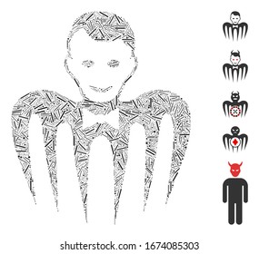 Line Mosaic based on croupier monster icon. Mosaic vector croupier monster is formed with randomized line dots. Bonus icons are added.