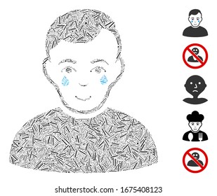 Line Mosaic based on crying boy icon. Mosaic vector crying boy is created with randomized line spots. Bonus icons are added.