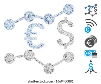 Line Mosaic based on currency charts icon. Mosaic vector currency charts is created with randomized line spots. Bonus icons are added.