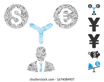 Mosaico de línea basado en el icono de gestión de divisas. La gestión de la divisa vectorial mosaico está diseñada con elementos de línea aleatorizados. Se agregan iconos de bonificación.