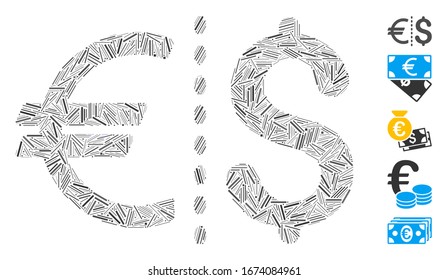 Line Mosaic based on currency icon. Mosaic vector currency is composed with random dash dots. Bonus icons are added.