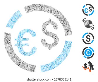 Line Mosaic based on currency diagram icon. Mosaic vector currency diagram is formed with randomized line spots. Bonus icons are added.