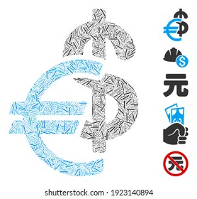 Line Mosaic based on currency icon. Mosaic vector currency is created with random line spots. Bonus icons are added.