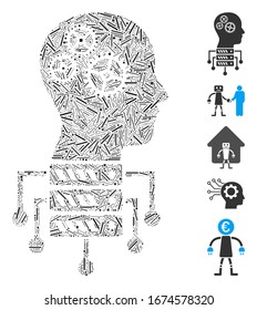 Line Mosaic basierend auf dem Cyborg Server Knotensymbol. Der Cyborg-Server-Knoten der Mosaik-Vektorillustration besteht aus zufälligen Zeilenelementen. Bonussymbole werden hinzugefügt.
