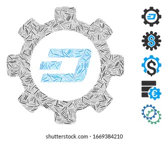 Line Mosaic based on Dash options gear icon. Mosaic vector Dash options gear is created with random line items. Bonus icons are added.