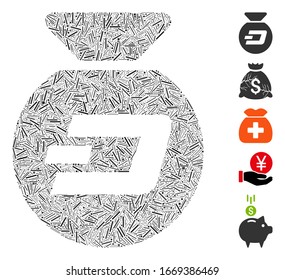Line Mosaic basierend auf Dash Geldbeutel Symbol. Mosaik Vektorillustration Dash Geldbeutel wird mit randomisierten Linien-Elementen erstellt. Bonussymbole werden hinzugefügt.