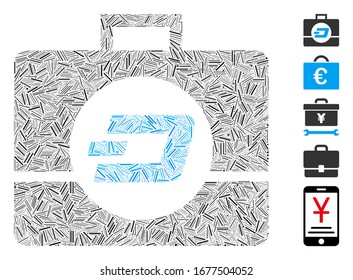 Line Mosaic based on Dash business case icon. Mosaic vector Dash business case is created with randomized line dots. Bonus icons are added.