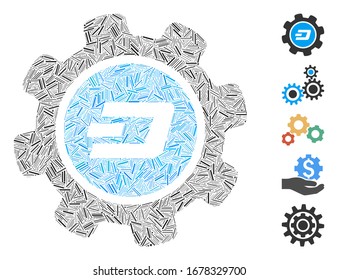 Mosaico de línea basado en el icono del engranaje de configuración del guión. El engranaje de configuración del Dash vectorial mosaico se compone de elementos de línea aleatorizados. Se agregan iconos de bonificación.