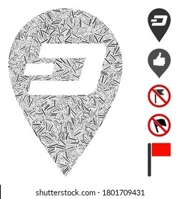 Line Mosaic based on Dash map marker icon. Mosaic vector Dash map marker is composed with randomized line dots. Bonus icons are added.