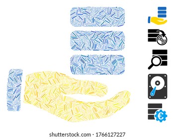 Line Mosaic based on data provider hand icon. Mosaic vector data provider hand is formed with random line elements. Bonus icons are added.