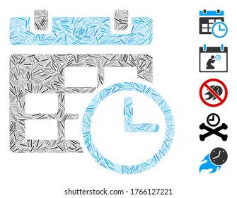 Mosaico de línea basado en el icono de fecha y hora. La fecha y hora del vector mosaico se compone de puntos de línea dispersos. Se agregan iconos de bonificación.