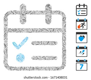 Line Mosaic based on day tasklist icon. Mosaic vector day tasklist is designed with scattered line items. Bonus icons are added.