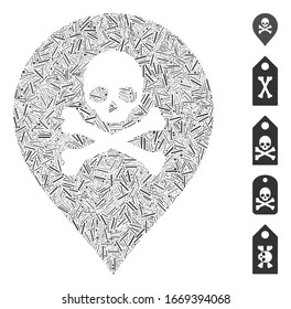 Line Mosaic based on death marker icon. Mosaic vector death marker is formed with scattered line elements. Bonus icons are added.