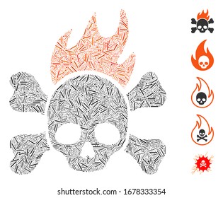 Linie Mosaik auf der Grundlage des Todesfeuer Symbol. Mosaikfeuer der Vektorillustration wird mit randomisierten Zeilenpunkten erzeugt. Bonussymbole werden hinzugefügt.