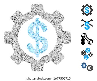 Line Mosaic based on development cost icon. Mosaic vector development cost is created with randomized line elements. Bonus icons are added.