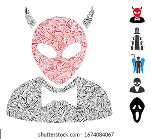 Line Mosaic based on devil icon. Mosaic vector devil is created with randomized hatch items. Bonus icons are added.