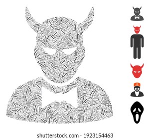 Line Mosaic based on devil icon. Mosaic vector devil is composed with randomized hatch elements. Bonus icons are added.