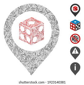 Line Mosaic based on dice map pointer icon. Mosaic vector dice map pointer is formed with randomized line elements. Bonus icons are added.