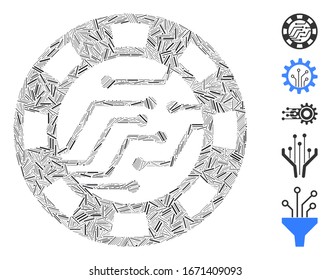 Line Mosaic based on digital casino chip icon. Mosaic vector digital casino chip is composed with scattered line elements. Bonus icons are added.