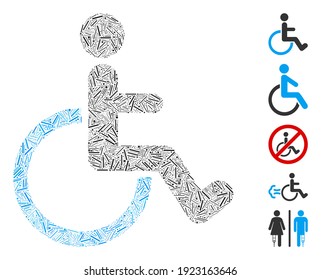 Mosaico de línea basado en el icono de persona con discapacidad. La persona discapacitada con vector mosaico se forma con elementos de línea aleatorizados. Se agregan iconos de bonificación.