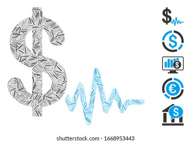 Line Mosaic based on dollar signal icon. Mosaic vector dollar signal is created with scattered line dots. Bonus icons are added.