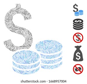 Mosaico de línea basado en el icono de dinero en dólares. El dinero en efectivo vectorial mosaico se crea con elementos de línea dispersos. Se agregan iconos de bonificación.