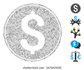 Line Mosaic based on dollar coin icon. Mosaic vector dollar coin is formed with randomized line items. Bonus icons are added.