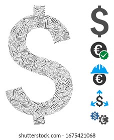 Line Mosaic based on dollar symbol icon. Mosaic vector dollar symbol is created with scattered line elements. Bonus icons are added.