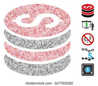 Line Mosaic based on dollar coins stack icon. Mosaic vector dollar coins stack is created with randomized line items. Bonus icons are added.