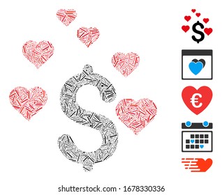 Line Mosaic based on dollar love hearts icon. Mosaic vector dollar love hearts is designed with randomized line elements. Bonus icons are added.