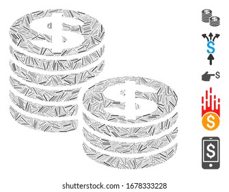 Line Mosaic based on dollar coin stacks icon. Mosaic vector dollar coin stacks is formed with randomized line dots. Bonus icons are added.