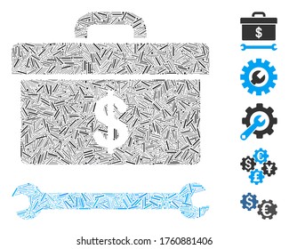 Line Mosaic based on dollar toolbox icon. Mosaic vector dollar toolbox is formed with scattered line elements. Bonus icons are added.