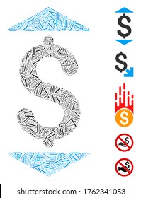 Line Mosaic based on dollar up down icon. Mosaic vector dollar up down is composed with randomized line spots. Bonus icons are added.