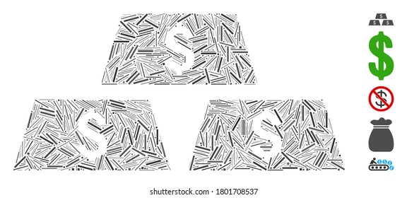 Linie Mosaik auf Dollar-Barren Symbol. Mosaik Vektor-Dollar-Goldbarren werden mit Zufallslinien-Spots gebildet. Bonussymbole werden hinzugefügt.
