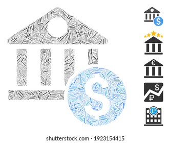 Line Mosaic based on dollar bank icon. Mosaic vector dollar bank is created with scattered dash spots. Bonus icons are added.