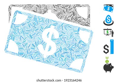 Line Mosaic based on dollar banknotes icon. Mosaic vector dollar banknotes is designed with random line elements. Bonus icons are added.