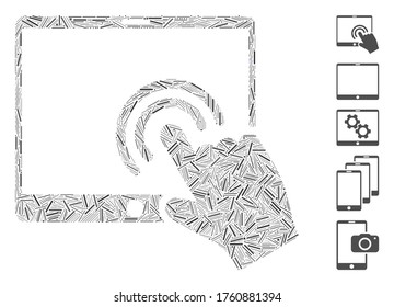Line Mosaic basierend auf Doppelklick Tablet Symbol. Mosaik Vektor Doppelklick Tablette ist mit zufälligen Linien Elemente entworfen. Bonussymbole werden hinzugefügt.