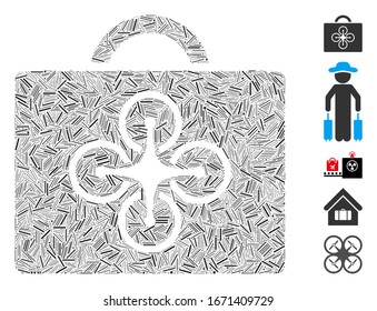 Line Mosaic based on drone case icon. Mosaic vector drone case is composed with scattered line elements. Bonus icons are added.
