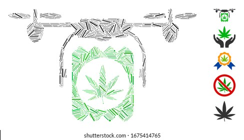 Line Mosaic based on drone cannabis delivery icon. Mosaic vector drone cannabis delivery is composed with random line elements. Bonus icons are added.