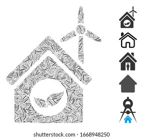 Line Mosaic based on eco house building icon. Mosaic vector eco house building is designed with randomized line items. Bonus icons are added.