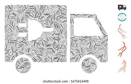 Mosaico de línea basado en el icono del camión eléctrico. El camión eléctrico vector mosaico se forma con puntos de línea aleatorios. Se agregan iconos de bonificación.