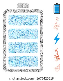 Line Mosaic based on electric battery icon. Mosaic vector electric battery is created with random line dots. Bonus icons are added.