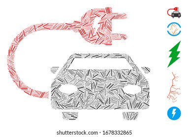 Line Mosaic based on electric car icon. Mosaic vector electric car is formed with randomized line items. Bonus icons are added.