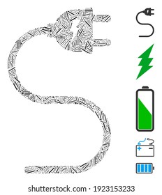 Line Mosaic based on electrical cable icon. Mosaic vector electrical cable is composed with random line elements. Bonus icons are added.