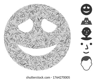 Line Mosaic based on embarrased smiley icon. Mosaic vector embarrased smiley is formed with random line elements. Bonus icons are added.